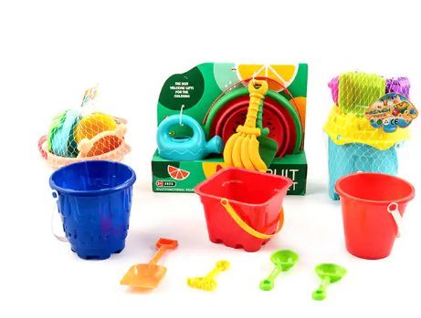 Fruit themed plastic beach bucket playset with blue and red buckets, yellow and orange shovels, rake, and scoop tools